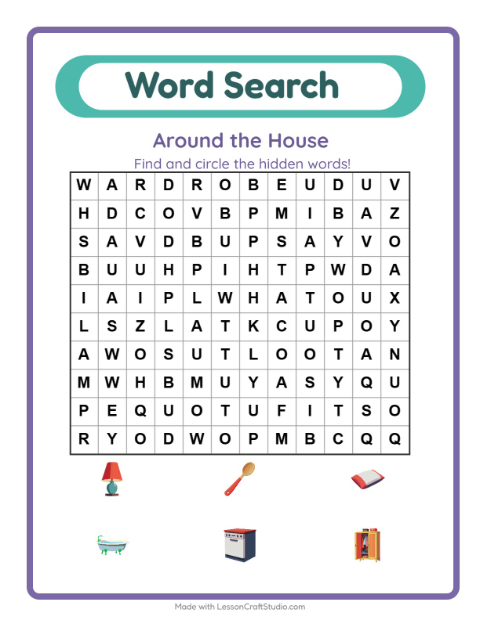 Preview of Word Search worksheet featuring Around the House for grade 1