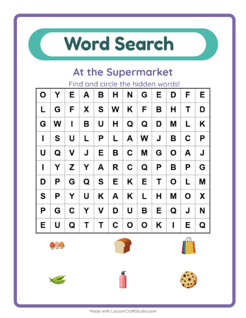 Preview of Word Search worksheet featuring At the Supermarket for grade 1