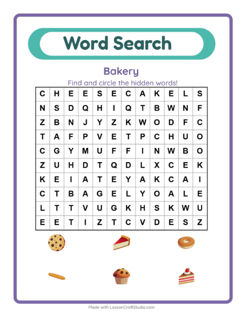 Preview of Word Search worksheet featuring Bakery for grade 1