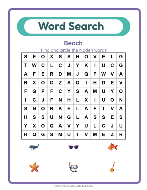 Preview of Word Search worksheet featuring Beach for grade 1