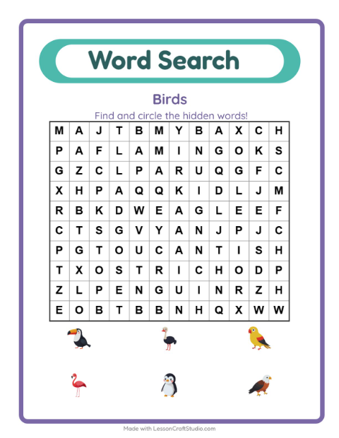 Preview of Word Search worksheet featuring Birds for grade 1