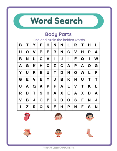Preview of Word Search worksheet featuring Body Parts for grade 1
