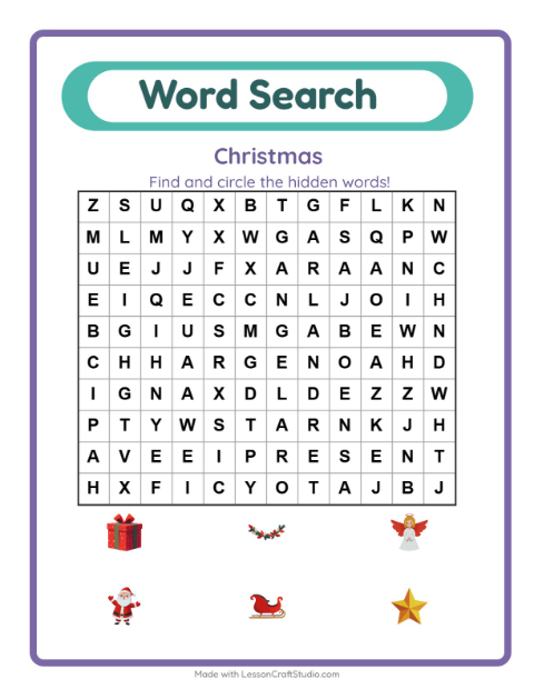 Preview of Word Search worksheet featuring Christmas for grade 1