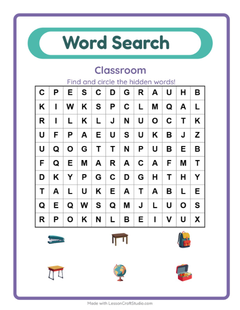 Preview of Word Search worksheet featuring Classroom for grade 1