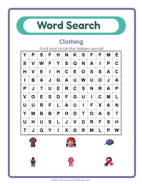 Preview of Word Search worksheet featuring Clothing for grade 1