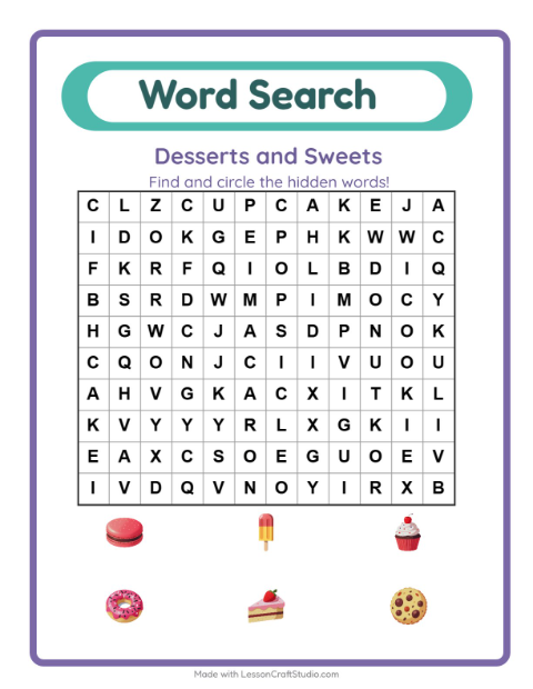 Preview of Word Search worksheet featuring Desserts and Sweets for grade 1
