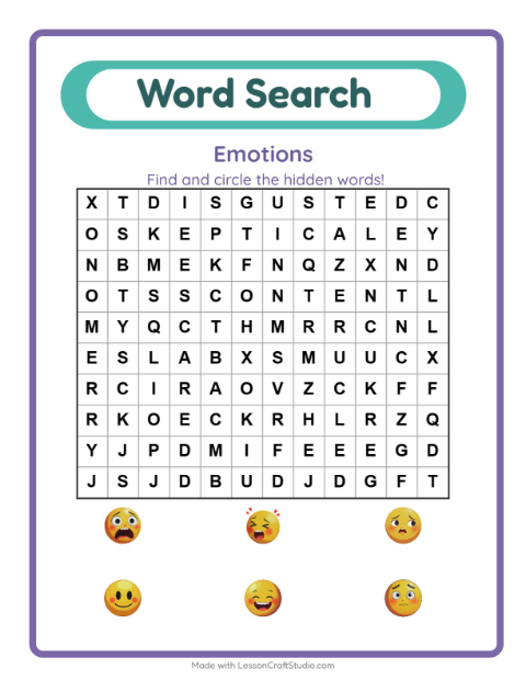 Preview of Word Search worksheet featuring Emotions for grade 1