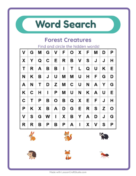 Preview of Word Search worksheet featuring Forest Creatures for grade 1