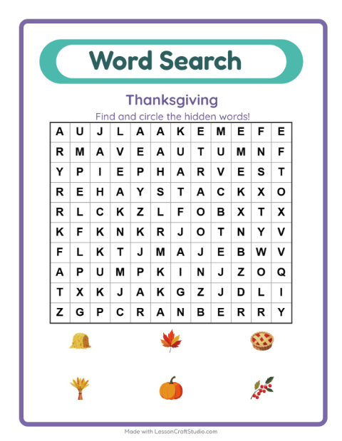 Preview of Word Search worksheet featuring Thanksgiving for grade 1