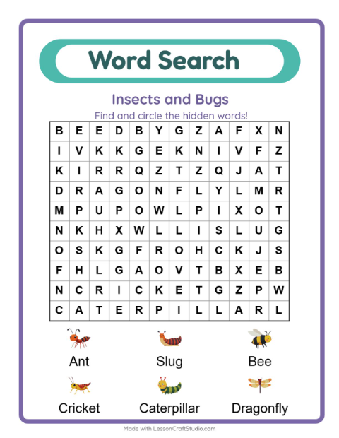 Preview of Word Search worksheet featuring Insects and Bugs for grade 1