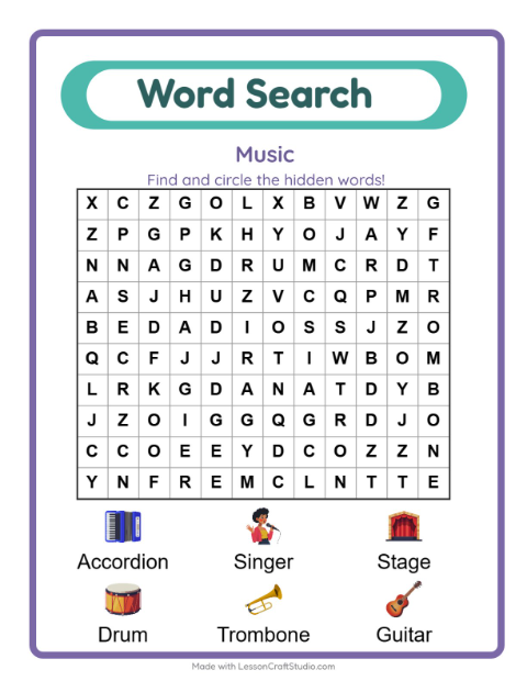Preview of Word Search worksheet featuring Music for grade 1