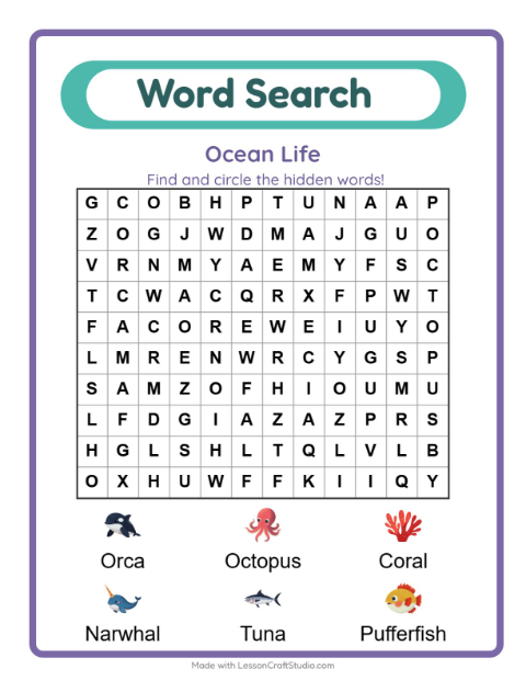 Preview of Word Search worksheet featuring Ocean Life for grade 1