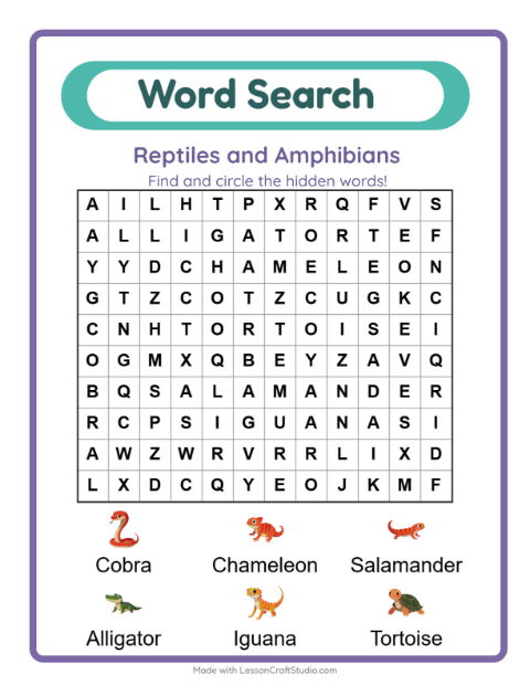 Preview of Word Search worksheet featuring Reptiles and Amphibians for grade 1