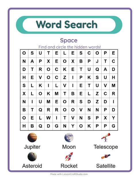 Preview of Word Search worksheet featuring Space for grade 1