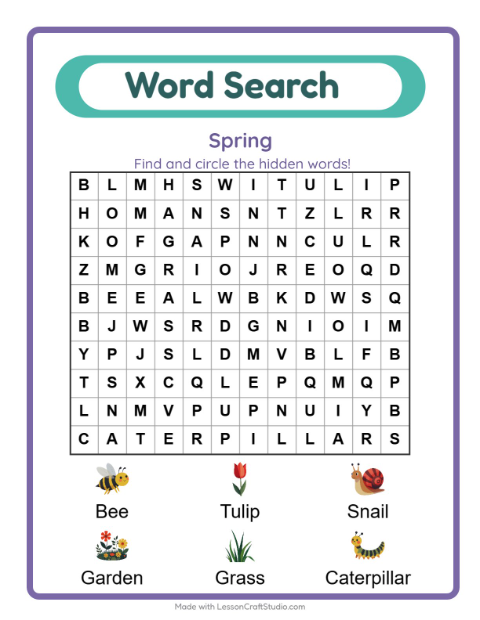 Preview of Word Search worksheet featuring Spring for grade 1