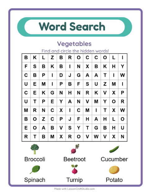 Preview of Word Search worksheet featuring Vegetables for grade 1