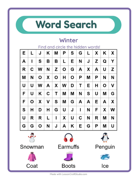 Preview of Word Search worksheet featuring Winter for grade 1
