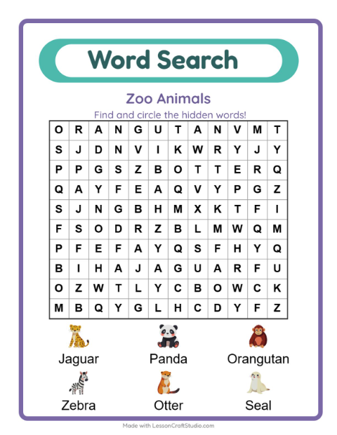 Preview of Word Search worksheet featuring Zoo Animals for grade 1