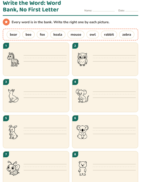Preview of Write the Word worksheet featuring Animals BW 5 for grade 1