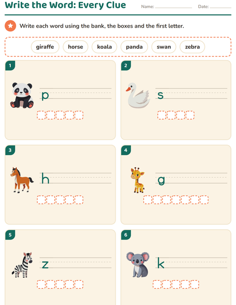 Write the Word with Every Clue: Bank, Boxes and First Letter