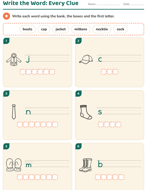 Preview of Write the Word worksheet featuring Apparel BW for grade 1