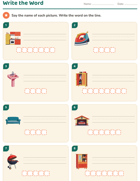 Preview of Write the Word worksheet featuring Around the House for grade 1