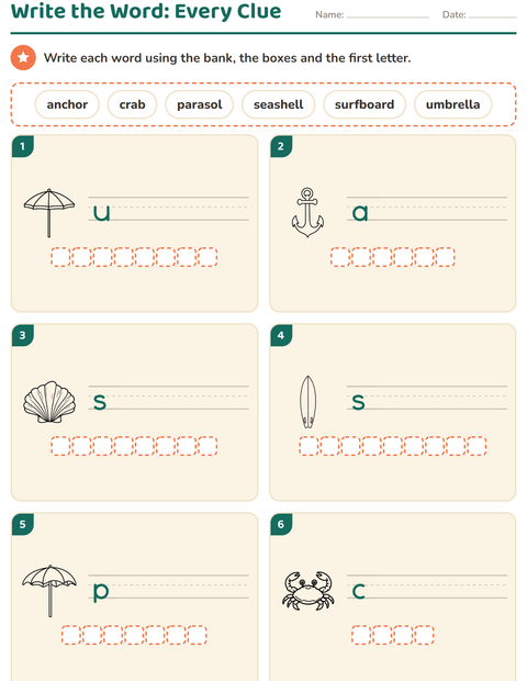 Preview of Write the Word worksheet featuring Beach BW for grade 1