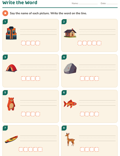 Preview of Write the Word worksheet featuring Camping for grade 1