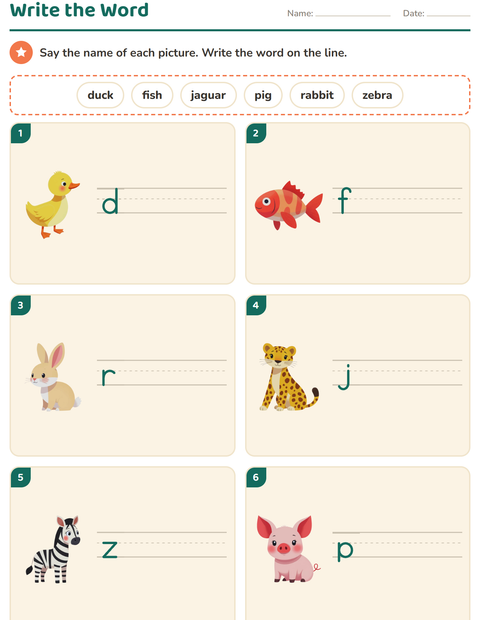 Preview of Write the Word worksheet featuring Animals for grade 1