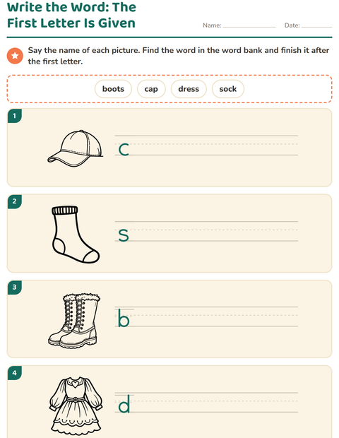 Preview of Write the Word worksheet featuring Apparel BW for grade 1