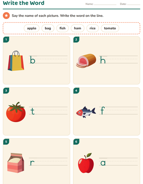 Preview of Write the Word worksheet featuring At the Supermarket for grade 1