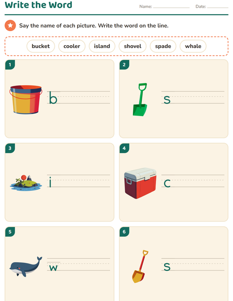 Preview of Write the Word worksheet featuring Beach for grade 1
