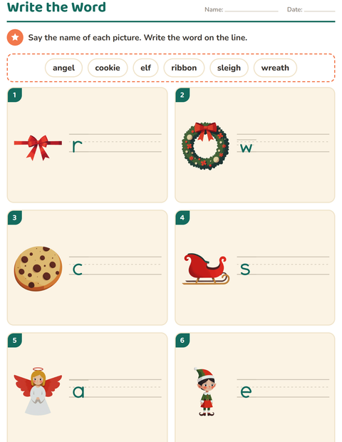 Preview of Write the Word worksheet featuring Christmas for grade 1