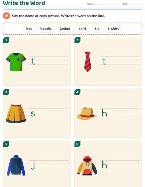 Preview of Write the Word worksheet featuring Clothing for grade 1