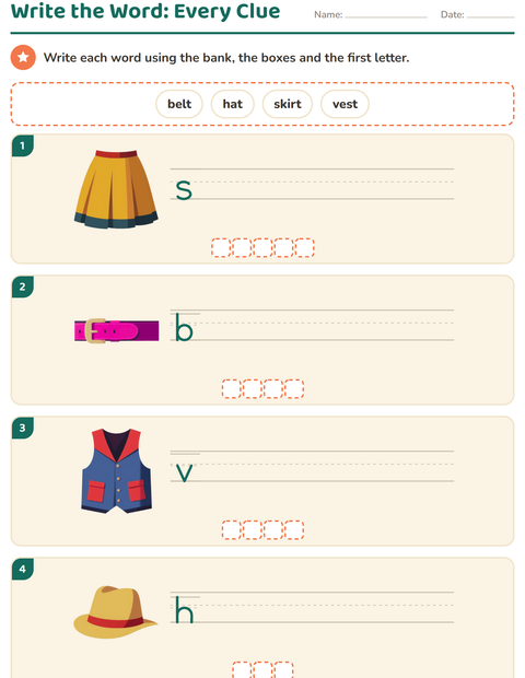Preview of Write the Word worksheet featuring Clothing for grade 1