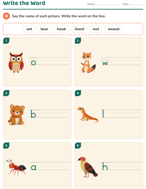 Preview of Write the Word worksheet featuring Forest Creatures for grade 1