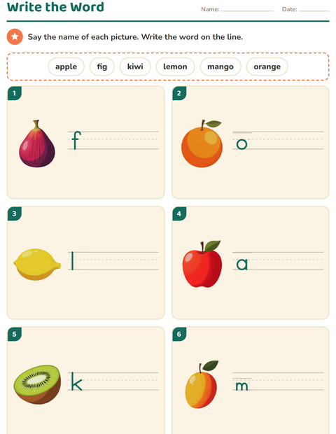Preview of Write the Word worksheet featuring Fruits for grade 1