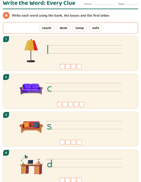 Preview of Write the Word worksheet featuring Furniture for grade 1