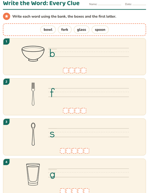 Preview of Write the Word worksheet featuring Kitchen BW for grade 1