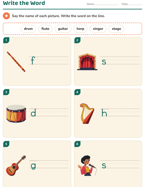 Preview of Write the Word worksheet featuring Music for grade 1