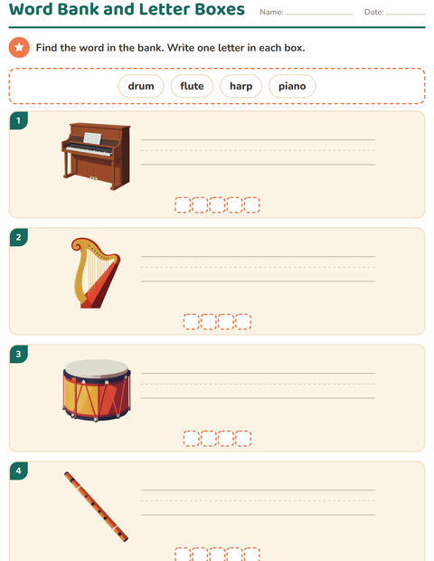 Preview of Write the Word worksheet featuring Music for grade 1