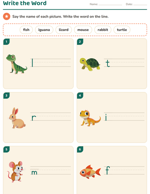 Preview of Write the Word worksheet featuring Pets for grade 1