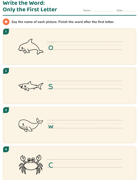 Preview of Write the Word worksheet featuring Sea Life BW for grade 1