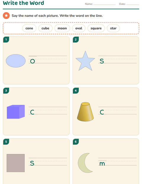 Preview of Write the Word worksheet featuring Shapes for grade 1