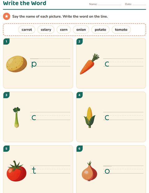 Preview of Write the Word worksheet featuring Vegetables for grade 1