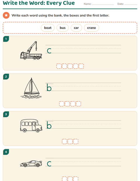 Preview of Write the Word worksheet featuring Vehicles BW for grade 1