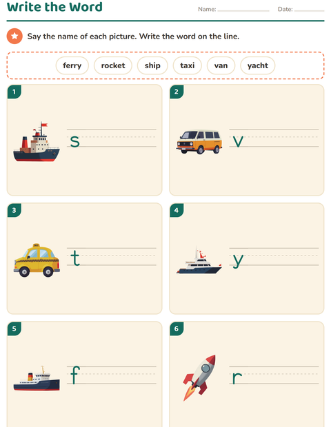 Preview of Write the Word worksheet featuring Vehicles for grade 1
