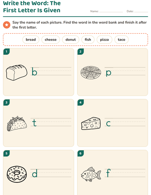 Preview of Write the Word worksheet featuring Food BW for grade 1