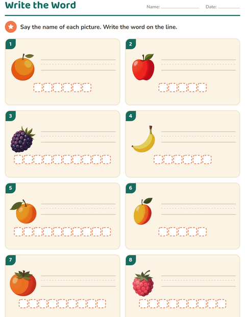 Write the Word: Spell Each Fruit from Its Picture