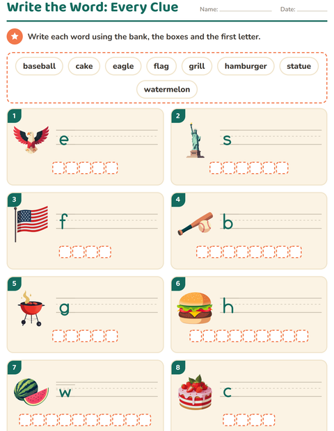 Preview of Write the Word worksheet featuring 4th of July for grade 1